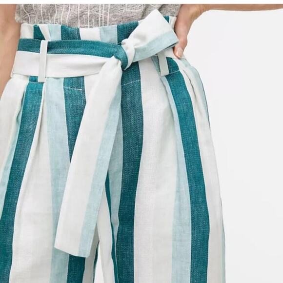 J. Crew Size 8 Paper Bag Linen Wide Leg Pants Cabana Strip Turquoise Jade White - Picture 3 of 9